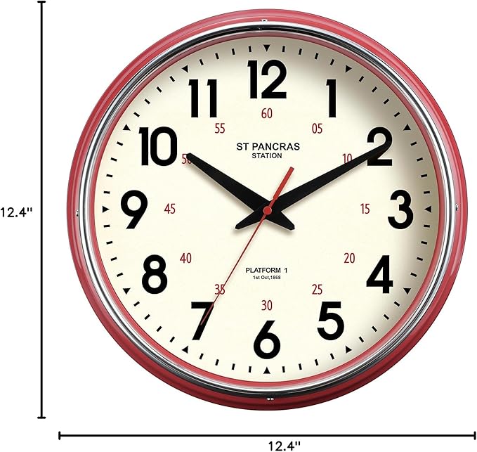 Wall Clock Metal 12.4" Countryside Style Wall Clocks Retro Vintage Classical Silent Non Ticking Easy to Read for Living Room/Kitchen/Bedroom/Office/Bar(12.4" Red)