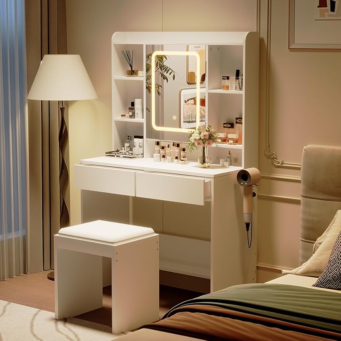 GarveeHome Vanity Desk with Mirror and Lights, for Bedroom, Includes Padded Stool, Easy to Assemble, Storage Drawers, USB Outlets, Hairdryer Holder, Adjustable LED Light with 3 Lighting Modes