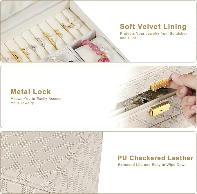 Jewelry Box for Women Girl Wife - Large PU Leather Jewelry Organizer Storage Case with Two Layers Display for Earrings Bracelets Rings Watches (Light Khaki)