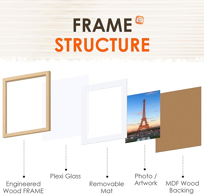 FIXSMITH 8x10 Picture Frame Bulk-6 Pack, Photo Frame with HD Plexiglass, Display Pictures 5x7 with Mat or 8x10 Without Mat, Natural Picture Frames Collage Wall Decor, Wall & Tabletop Picture Frames