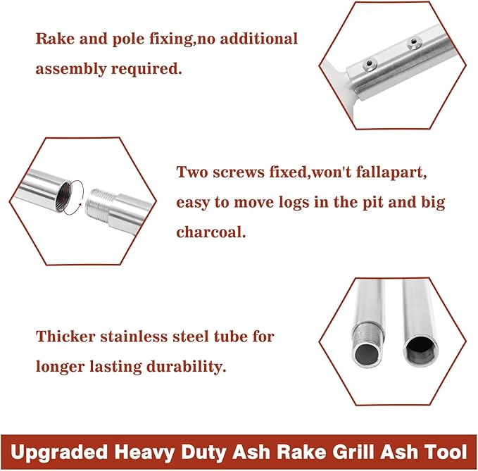 Coal Rake Grill Ash Tool, BBQ Charcoal Stainless Steel Rake for Pizza Oven - 32 Inches