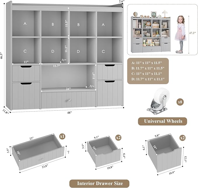 HORSTORS 48" W Kids Toy Storage Organizer, Large Toy Storage Chest with Removable Bins, 46" H Kids Bookshelf and Bookcase with Drawers for Boys and Girls, Modern Toy Box for Playroom, Classroom, Grey