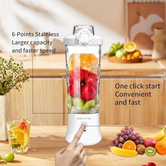 Portable Blender with 20 Oz Travel Cup, 6 Blades, USB Rechargeable for Shakes, Smoothies, Gym, Kitchen and Outdoors (White)
