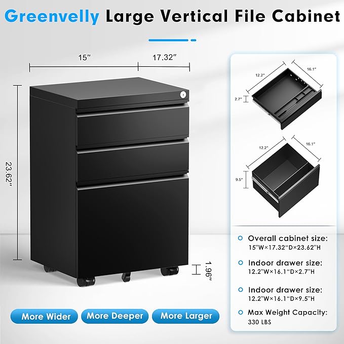 Greenvelly 3 Drawer Mobile File Cabinet with Lock, Fully Assembled Rolling File Cabinet Except Casters, Under Desk File Cabinet with Wheels for Home Office Fit Legal/Letter/A4 File (Assembled, Black)