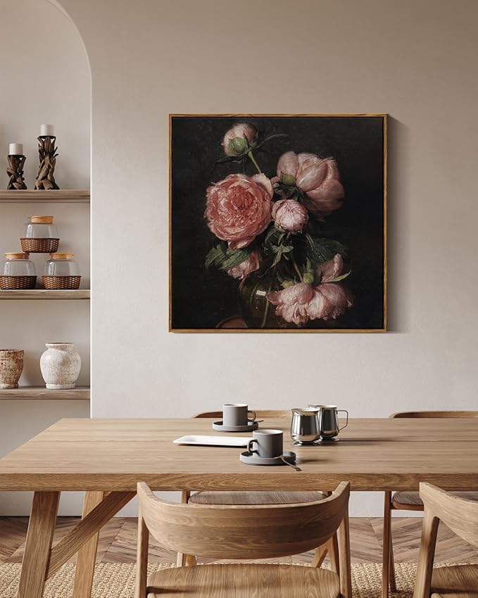 InSimSea Square Framed Canvas Wall Art, Large Decor Vintage Peony Flower Paintings, Floral Wall Pictures for Bedroom Bathroom Living Room, Canvas Prints Artwork, Farmhouse Decor 24"x24"