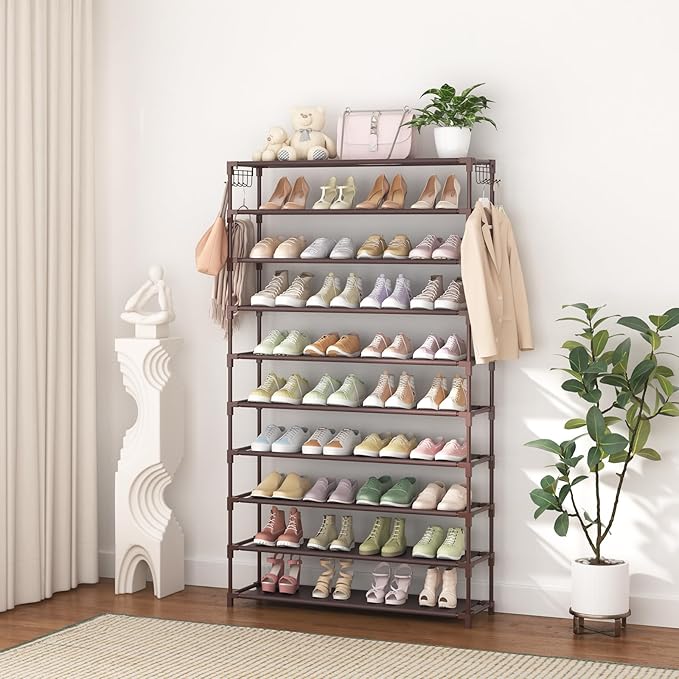 10 Tiers Shoe Rack 50 Pairs Large Capacity Tall Shoe Organizer Sturdy Shoe Storage with Two Hooks Space Saving Metal Wide Shoe Rack for Closet, Entryway, Bedroom, Brown