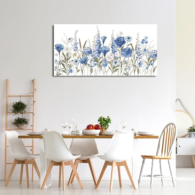 arteWOODS Elegant Flowers Wall Art - Blue White Botanical Pictures for Wall Decor Floral Blossom Canvas Painting Print Artwork for Living Room Bedroom Home Office Wall Decoration 20" x 40"