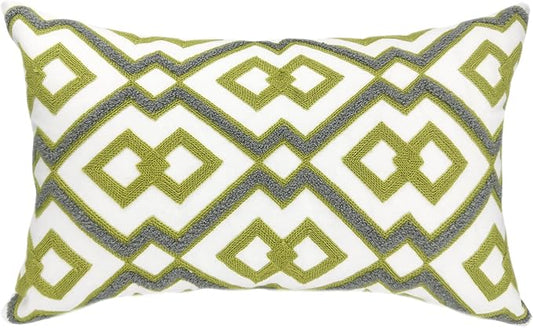 Alysheer Embroidered Lumbar Decorative Throw Pillow Cover 12"x 20", Classic Boho Geometric Embroidery Pattern Cotton Rectangular Cushion Case for Sofa Couch Living Room Bedroom(Green Grey)