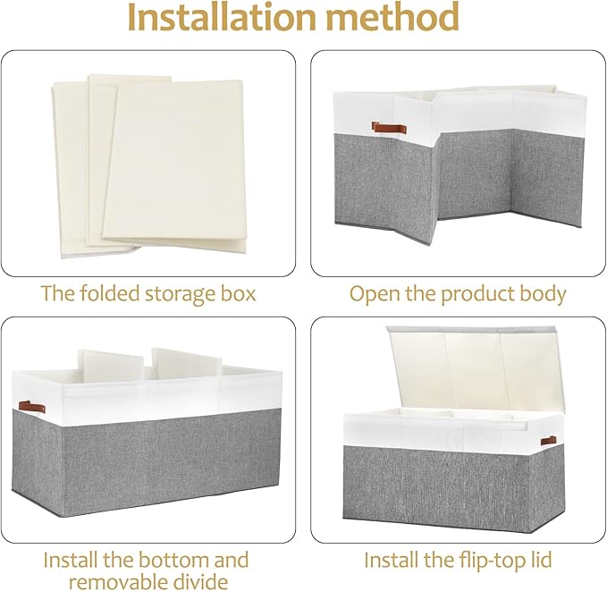 Extra Large Toy Storage Box with Lid, Sturdy Toys Storage Chest Bin Organizer Basket with Dividers for Kids, Boys, Girls, Nursery, Closet, Bedroom, Playroom 35.5"x17" x17"(Grey and White)