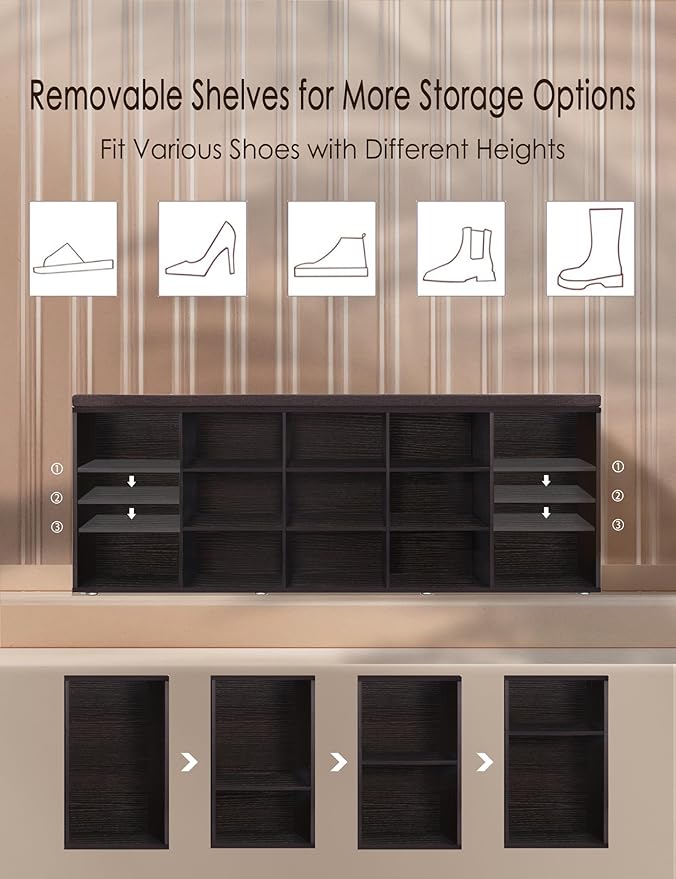 DINZI LVJ Shoe Storage Bench with Cushion, 15-Cubby Shoe Rack, Adjustable Shelves, Long Shoe Organizer Bench for Entryway, Mudroom, Hallway, Living Room, Bedroom and Garage