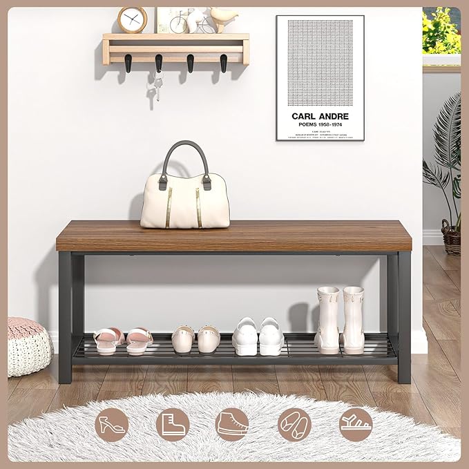 FOLUBAN Modern Entryway Bench - Rustic Wood and Metal Shoe Storage for Hallway Front Door Entrance, Industrial Indoor Seat for Bedroom Living Room, 43 Inch Walnut