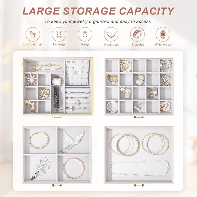 Jewelry Boxes for Women, Large Jewelry Storage Boxes, 4-Layer Leather Jewelry Organizer with 3 Drawers, Jewelry Display Case Gift for Women Girls, Apricot