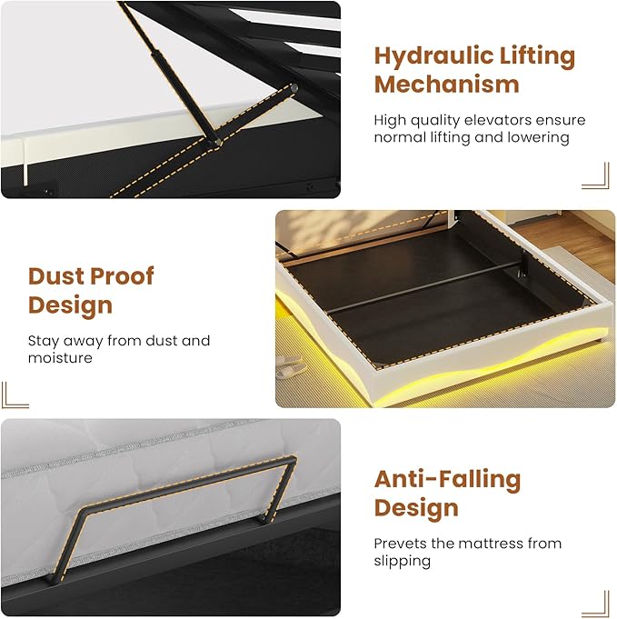 ADORNEVE Lift Up Storage Queen Bed Frame with LED Lights, Hidden Storage Headboard and Charging Station, Upholstered Platform Bed, LED Bed with Hydraulic, No Box Spring Needed, Creamy White