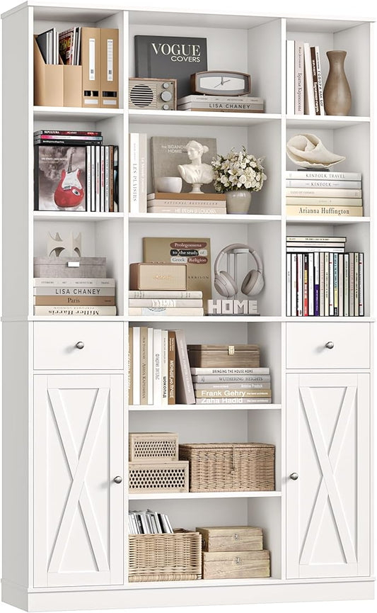 HOSTACK 74" Tall Book Shelf and Bookcase, 45" Wide Bookcase with Doors and Drawers, Modern 6 Tier Bookshelf with Storage, Large Wood Display Cabinet with Adjustable Shelves for Home Office, White