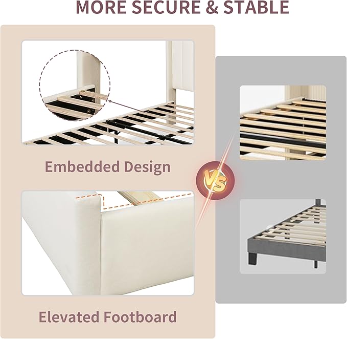 Queen Size Upholstered Platform Bed Frame with Modern Wingback & Vertical Panel Headboard, Velvet Fabric, Wooden Legs & Slats Support, No Box Spring Needed, Noise-Free & Easy Assembly, Cream