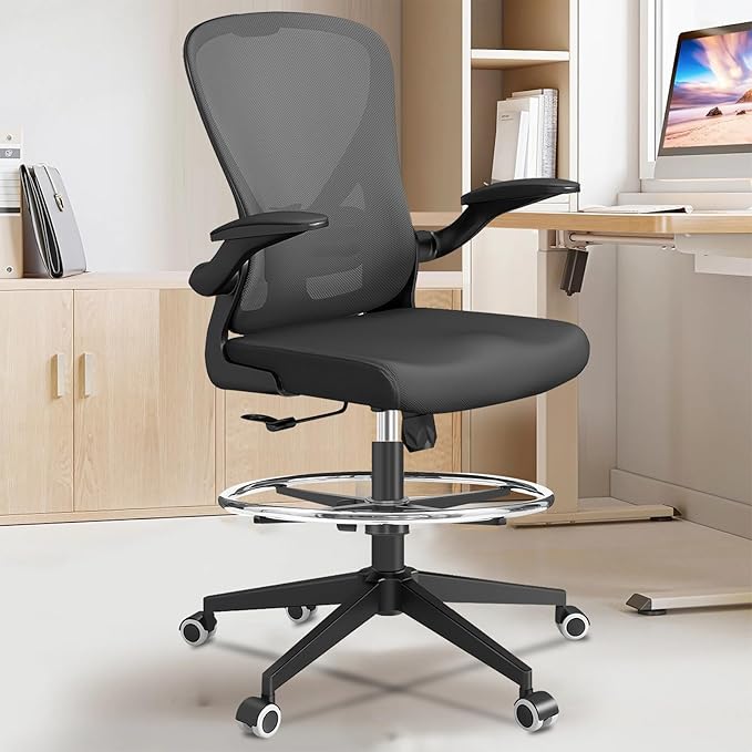 Drafting Chair, Ergonomic Tall Office Chairs for Standing Desk, Home Office Desk Chair with Lumbar Support and Adjustable Flip-up Armrests & footrest