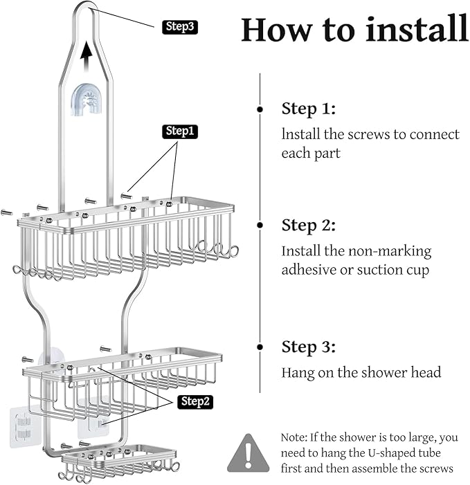 YASONIC Shower Caddy Hanging - Never Rust Shower Organizer - Aluminum Over The Head Caddy with 10 Hooks for Razor/Sponge - Rack with Soap Basket - Silver