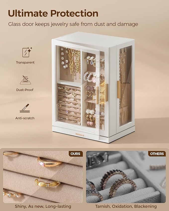 360° Rotating Jewelry Box with 7 Drawers, Spacious Vertical Jewelry Organizer with Glass Window, Jewelry Storage Case, Dustproof & Moisture-resistant Design, White