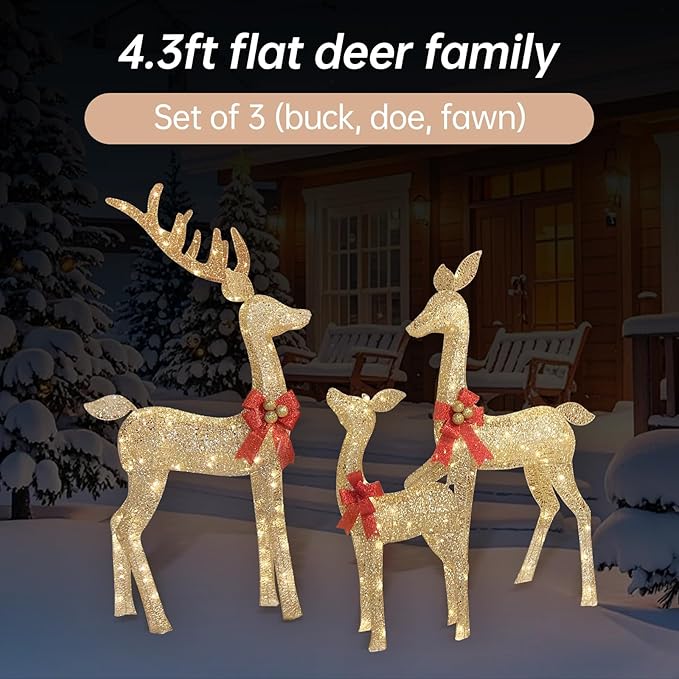 4.3 FT Outdoor Christmas Decorations Deer, 3 Pcs Family Outdoor Lighted Xmas Deer, 210 Lights 52" Buck 47" Doe 29" Fawn Large Christmas Reindeer for Garden Patio Lawn Holiday Decorations - Gold