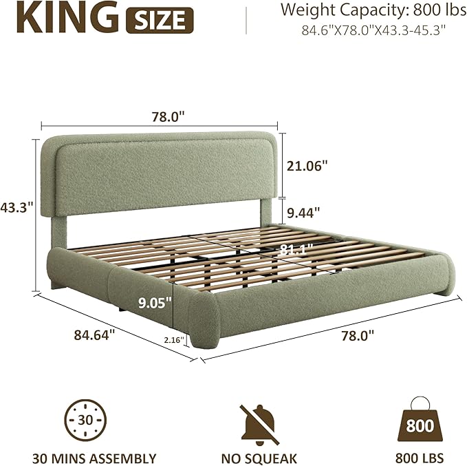 King Bed Frame, Teddy Velvet Boucle Bed Frame with 43.3"/45.3" Adjustable Upholstered Headboard, Rounded Corners, Mattress Foundation, No Box Spring Required, Green