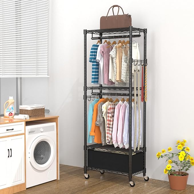 Clothes Rack, Clothing Rack for Hanging Clothes, 4 Tiers Adjustable Closet Organizer System with Drawer | Double Rods | Side Hooks | Load 445lbs | 23" L x 13.18" W x 78.74" H | Black
