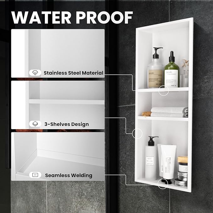 Stainless Steel Shower Niche 12" x 30", 3-Tier Shower Niches No Tile Needed, Recessed Niche for Shower Wall, Shower Niche Shelf for Bathroom Storage, White