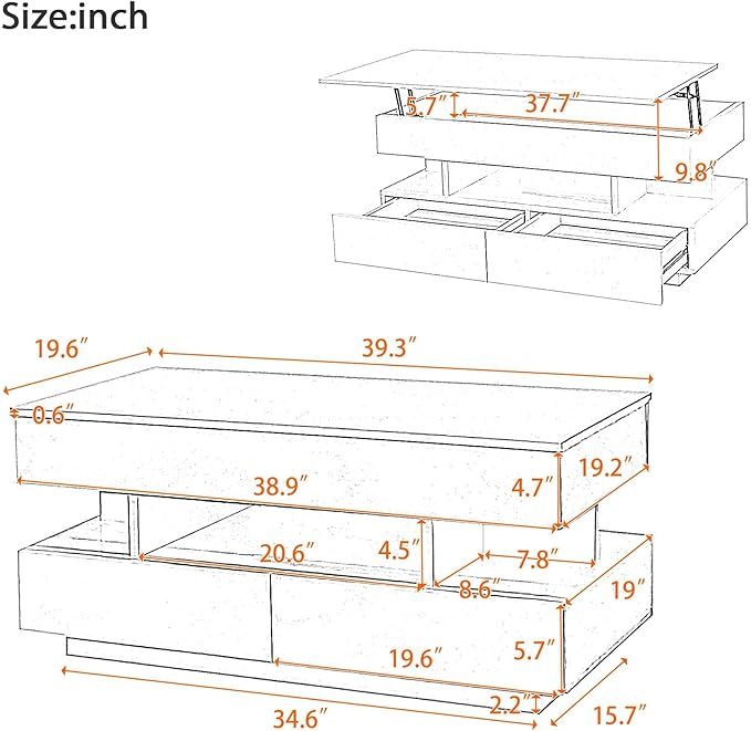 Modern High Gloss LED Coffee Table 39.3-Inch Multi-Functional Lift-Top Center Table with Hidden Storage Space, 2 Drawers for Small Spaces Living Room, Black