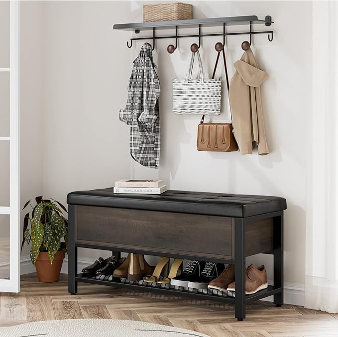 HOSTACK Storage Bench, Entryway Shoe Bench with Flip-Open Storage Box, End of Bed Ottoman Bench with Storage Shelf and Padded Seat for Bedroom, Hallway, Dark Brown