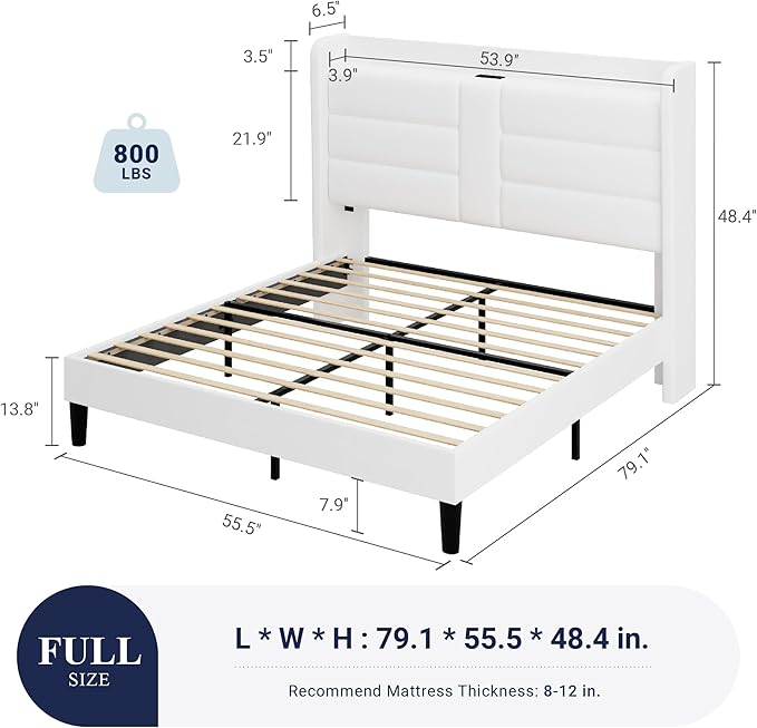 Allewie Full Size Platform Bed Frame with Charging Station & Storage Headboard, Upholstered Velvet Wingback Design & USB Port, Strong Wooden Slats Support, No Box Spring Needed, Easy Assembly, White
