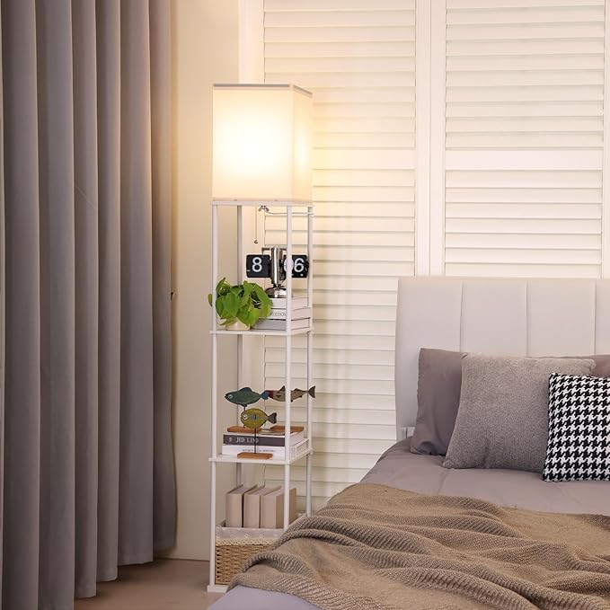 Floor Lamp with Shelves, Modern Square Standing Lamp with 3 Color Temperature Bulb, Corner Display Bookshelf Lamp for Living Room, Bedroom and Office