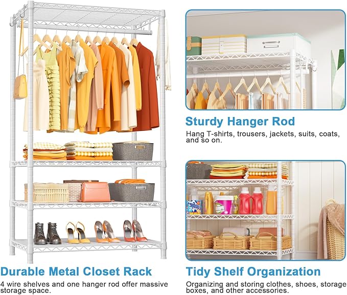 Ulif H4 Portable Closets, 4-Tier Metal Clothes Garment Rack for Bedroom and Cloakroom, Clothing Closet Storage and Organizer Wardrobe, 35.4" W x 14" D x 76.4" H, White