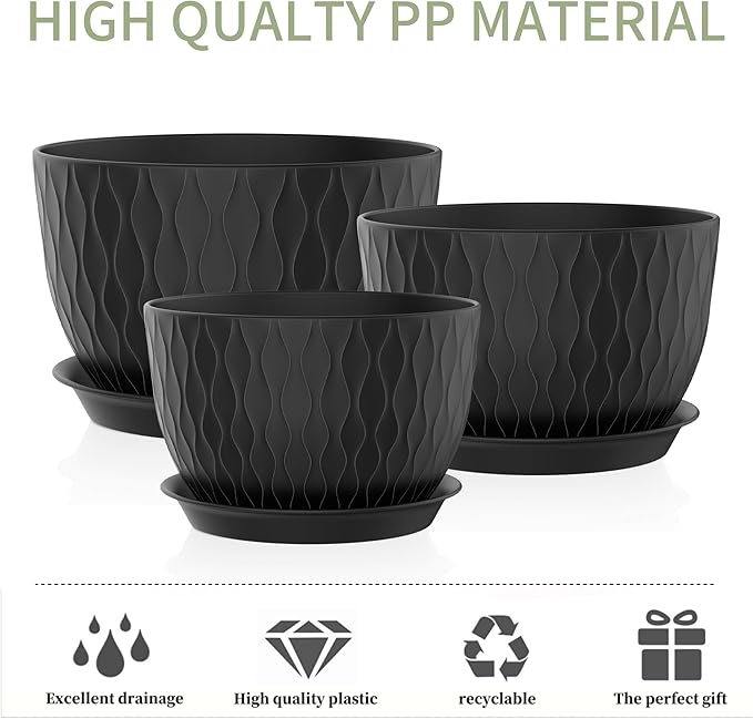 12/10/9 Inch Plant Pots, 3 Pack Large Flower Pots for Indoor and Outdoor Plants with Water Ripples, Large Plastic Flower Pots with Drainage Holes and Tray for Garden Indoor Plants