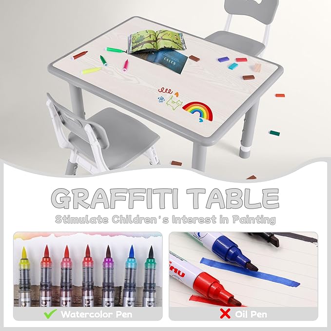 Toddler Table and Chair Set, Height Adjustable-Upgrade Kids Table and 2 Chairs for Ages 3-8, Multi-Activity Toddler Play Table with Graffiti Desktop for Home/Daycare/Classroom