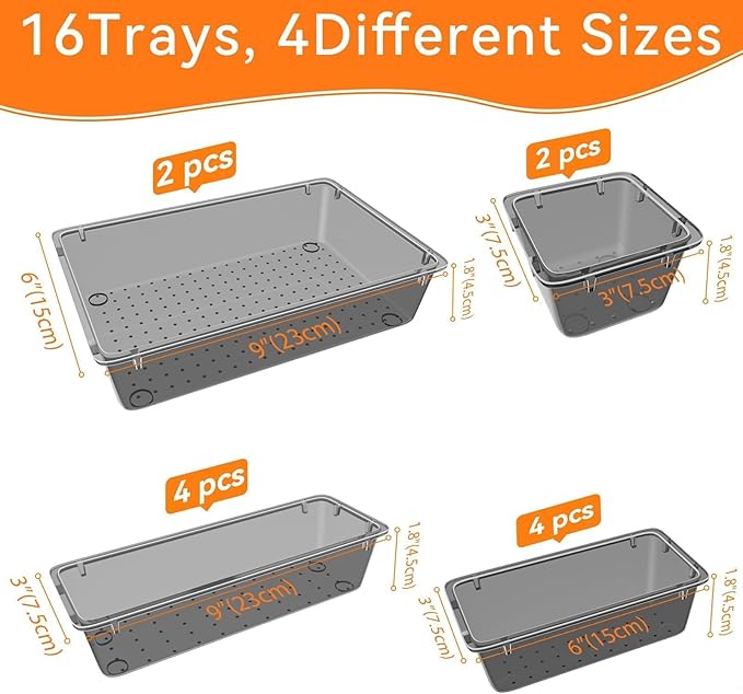 WOWBOX 16 PCS Clear Plastic Drawer Organizer Set, 4 Sizes Desk Drawer Organization and Storage Containers for Makeup, Cosmetics, Jewelry and Gadgets in Kitchen, Bathroom, Bedroom, Office, Clear Black