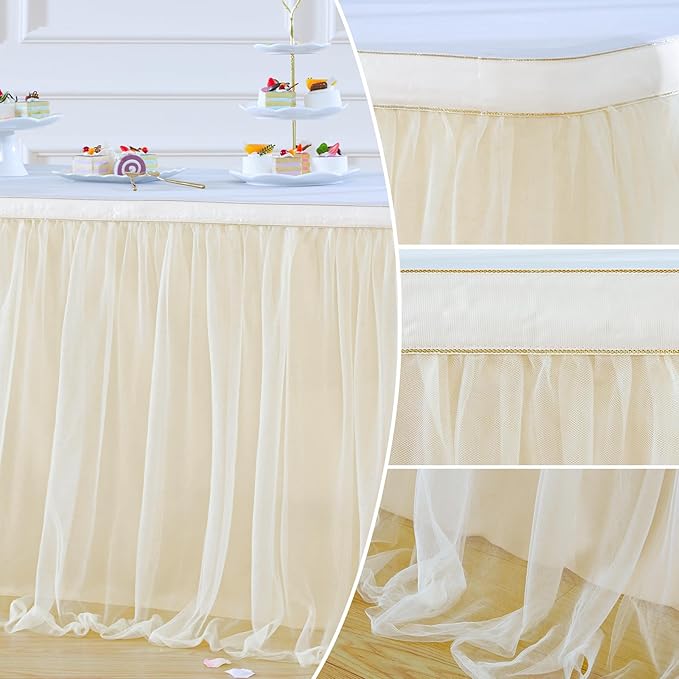 Suppromo 9ft Champagne Tulle Table Skirts for Rectangle Tables or Round Tables Champagne Tutu Table Cloth Cover for Wedding Birthday Party Baby Shower Dessert Cake Table Decor