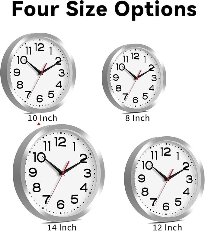 Wall Clock Silent Non-Ticking Modern Clock Battery Operated 10 Inch Small Classic Analog Decorative for Kitchen, Bathroom, Office, Bedroom, Home(Silver)