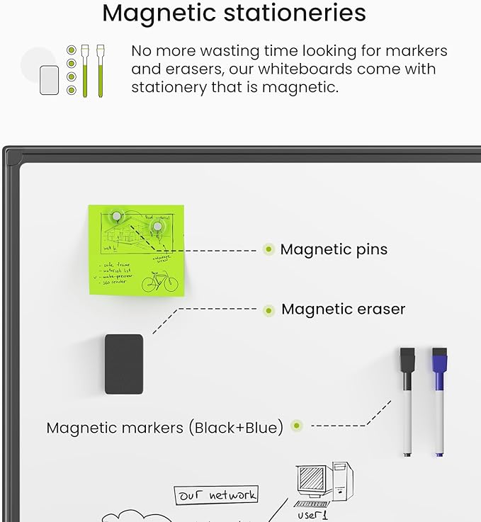 VUSIGN Black Aluminum Magnetic White Board 24" x 18" with Dry-Erase Eraser, Multicolor Markers, Magnetic Pins for Office, Home, School