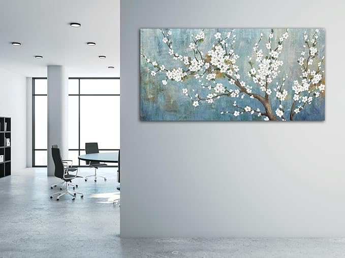 Elegant Flowers Canvas Wall Art - Plum Blossom Pictures for Wall Decor Rustic Turquoise Canvas Painting Nature Printing Artwork for Living Room Bedroom Home Office Wall Decoration 29" x 58"