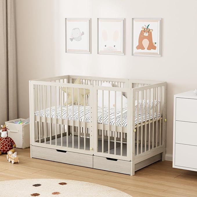 JOYMOR 8 in 1 Convertible Crib with Changer, Include 2” Mattress, Converts to Bassinet, Mid Crib, Full Size Crib, Daybed,Toddler Bed and Playard (Crib with Drawer, Washed Natural)