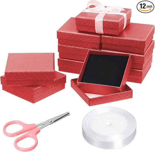 Glarks 12pcs Red 9 x 9 x 3CM Jewelry Gift Boxes with Pink Scissors and 1.5 x 225CM White Polyester Ribbon Set, Diamond Pattern Necklace Earring Bracelet Boxes Gift Case Ideal