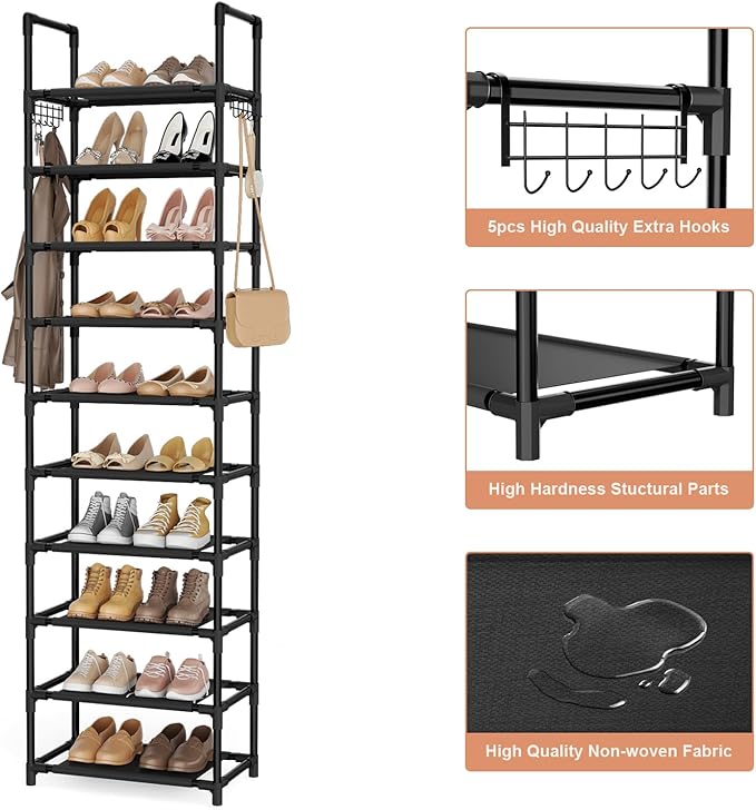 10 Tiers Shoe Rack 20-25 Pairs Large Capacity Tall Shoe Organizer Sturdy Shoe Storage with Two Hooks Metal Narrow Shoe Rack for Closet, Entryway, Bedroom, Black