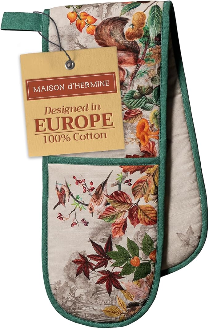 Maison d' Hermine Double Oven Mitt (7" x 35") 100% Cotton Heat Resistant BBQ Cooking Gloves with Loop for Thanksgiving Christmas Decorations Baking Cooking Barbeque Handling Hot Pan (Recolte)