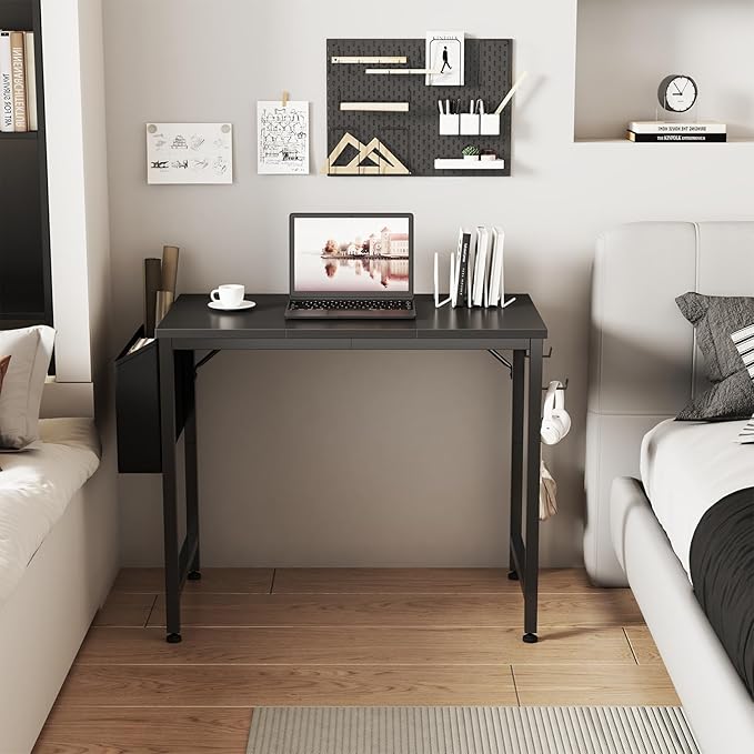 Lufeiya Small Desk for Small Spaces, 32 Inch Kids Girls Study Writing Desks for Bedroom, Simple Modern Laptop PC Little Side Table with Storage Bag Headphone Hooks, Black