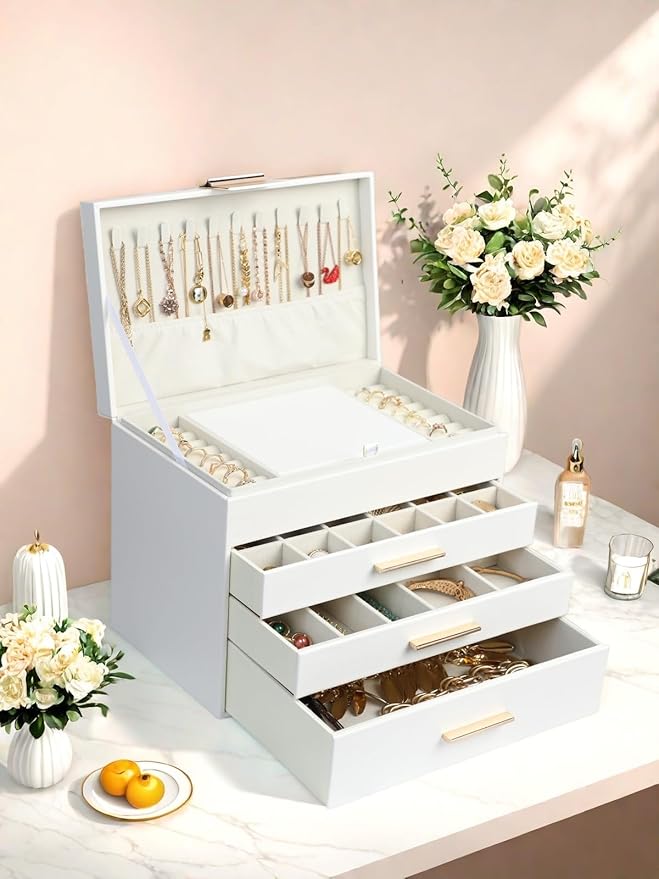 BOOVO Jewelry Boxes for Women, 5 Layer Jewelry Organizer with Necklace Hanger and Drawers, Large Jewelry Box for Earrings, Necklace and Bracelet Storage Gifts for Women and Girls (White, 5 Layer)