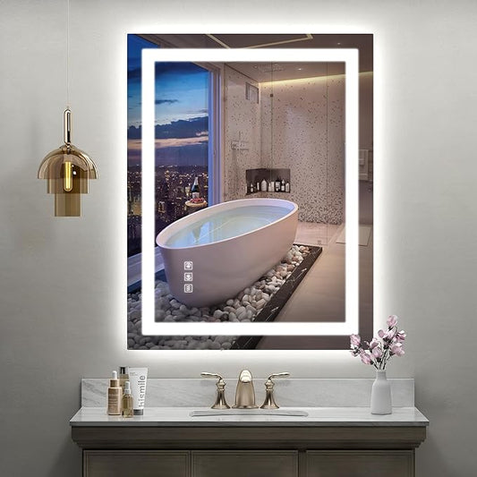 LED Mirror for Bathroom, 28x36 Inch Backlit + Front Lighted Bathroom Vanity Mirror with Lights for Wall, Double Light Strips, 3 Colors, Shatter-Proof, Anti-Fog and Brightness Memory