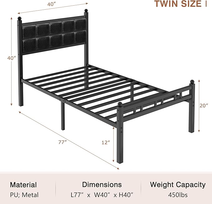 VECELO 2 Set Bed Frame Twin Size, Faux PU Leather Platform Beds with Upholstered Headboard and Footboard, Strong Slats Support, 12" Underbed Storage, Noise-Free, No Boxing Spring Needed, PU Black