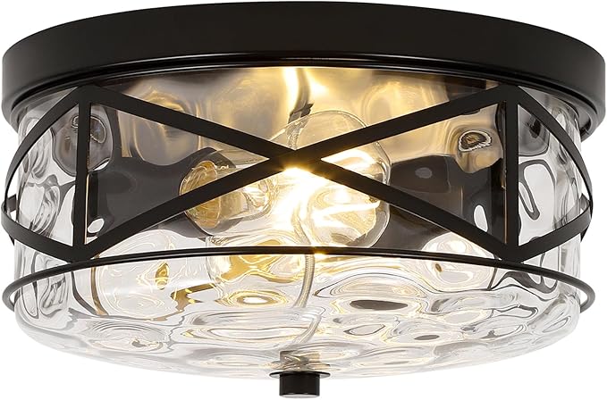 LamQee 9.8" Small Flush Mount Ceiling Light With Clear Hammered Glass, Black Hallway Light Fixtures Ceiling Mount for Bathroom, 2-Lights Farmhouse Close To Ceiling Light Kitchen Foyer Entryway Bedroom