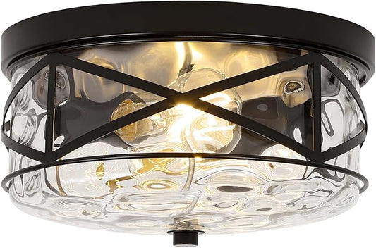 LamQee 9.8" Small Flush Mount Ceiling Light With Clear Hammered Glass, Black Hallway Light Fixtures Ceiling Mount for Bathroom, 2-Lights Farmhouse Close To Ceiling Light Kitchen Foyer Entryway Bedroom