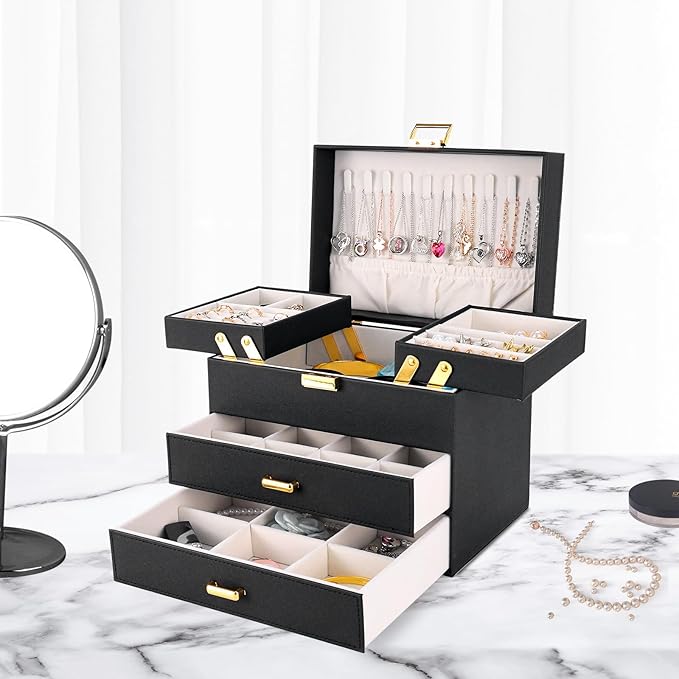 Dajasan Jewelry Boxes for Women Girls, Jewelry Holder Organizer Box, 4 Layers Large Jewelry Storage Organizer for Earring, Ring, Necklace, Bracelets (Black)