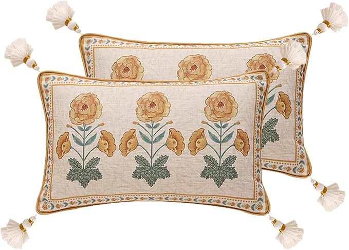 patdrea Designer Throw Pillow Covers for Couch 12"x20",Vintage French Soft Linen Pillows Cover with Beige Daisy Floral Pattern,Farmhouse Decorative Cushion for Bed,Living Room,Outdoor,Set of 2